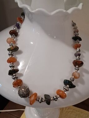 Mixed Stone Beaded Necklace in Orange and Green with Silver Accents